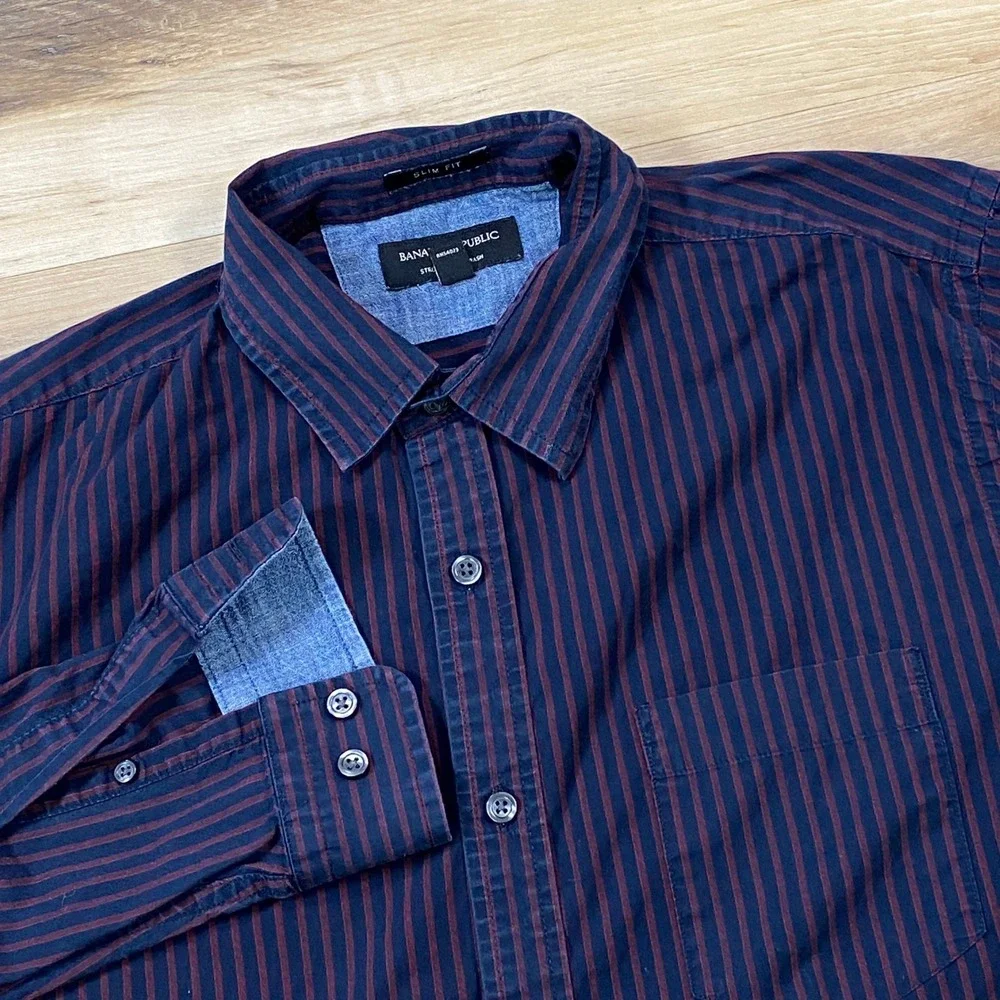 Banana Republic Button Down Men L Stretch Soft Wash Slim Navy Burgundy Stripe